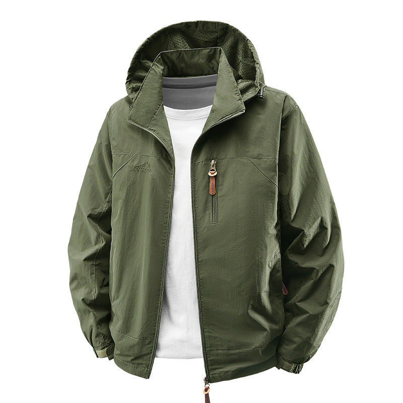 Men Packable Vind och Regnjacka med Perforated Huva Foder, Bröst Zip och Dragsko
