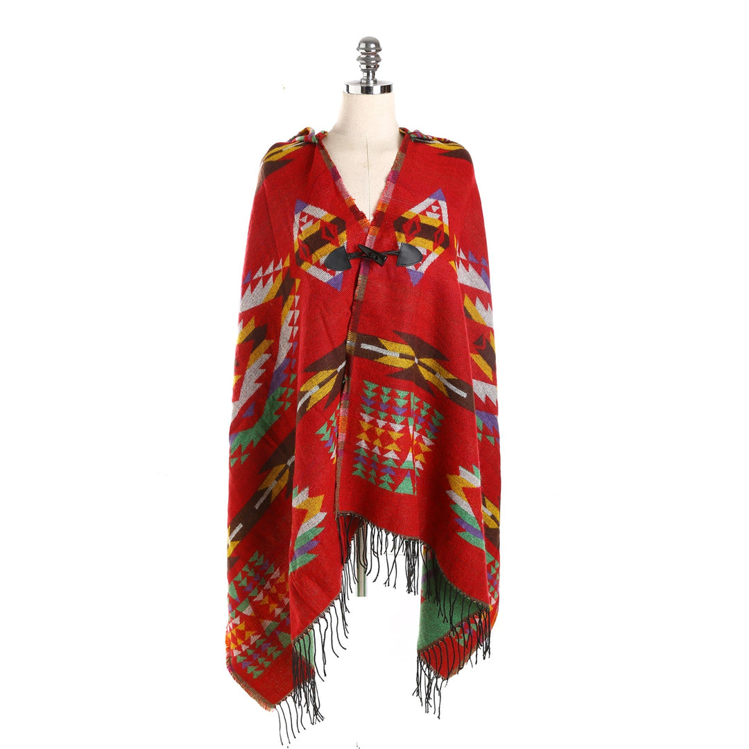 Dam Ethno-Jacquard-poncho med Toggle Closure och fransfåll