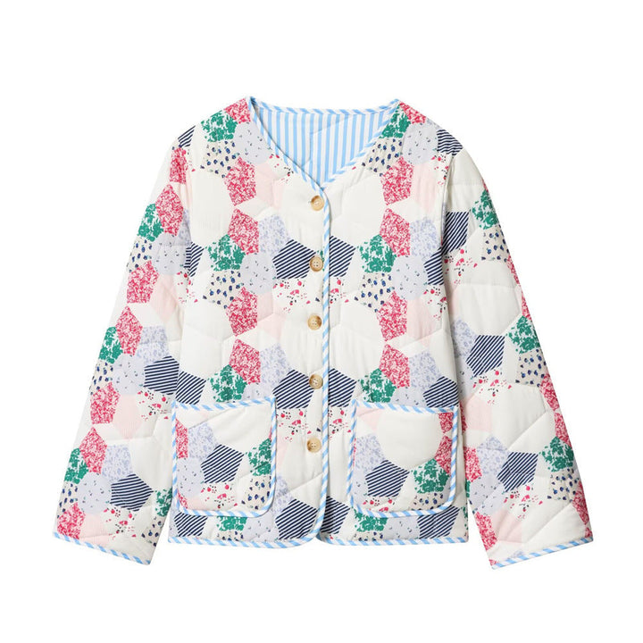 Dam kviltad kort jacka in Patchwork Quilt look med knappslå och utanpåfickor