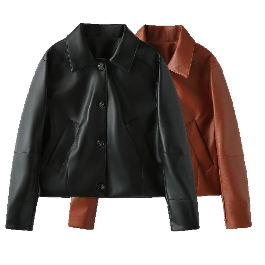 Dam kort jacka in shirt stil gjord vegan smooth läderlook med distinctive angled fickor
