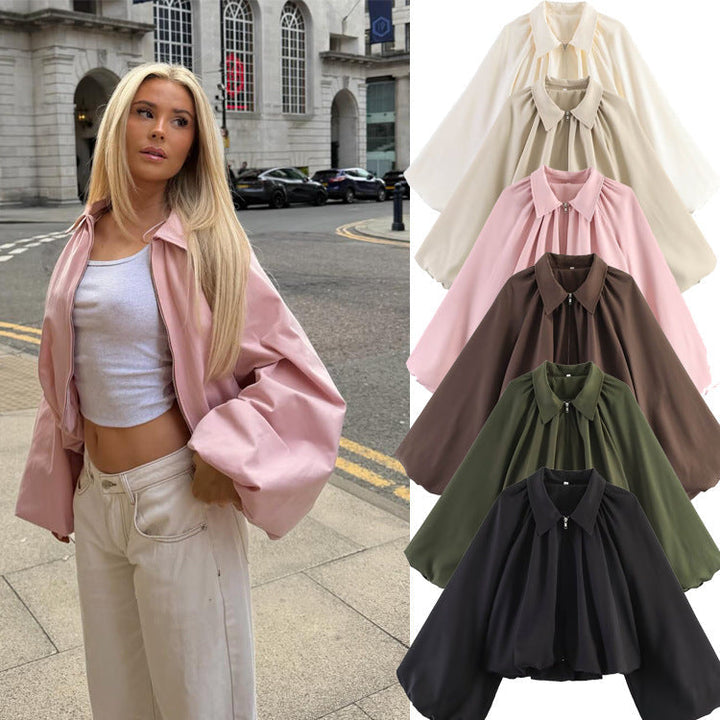 Dam kort cape med voluminous ärmar, dragkedja och gathered fåll