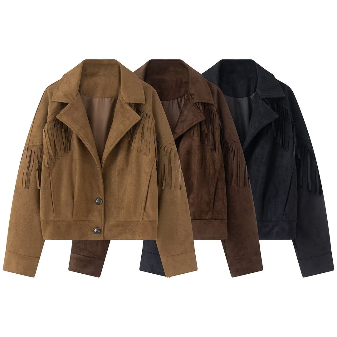 Dam Kort Suede Imitation Jacka med Fringes och Lapel Krage