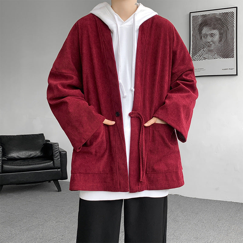 Herr oversize cord kimono cardigan med drawstring, utanpåfickor och drop ärmar
