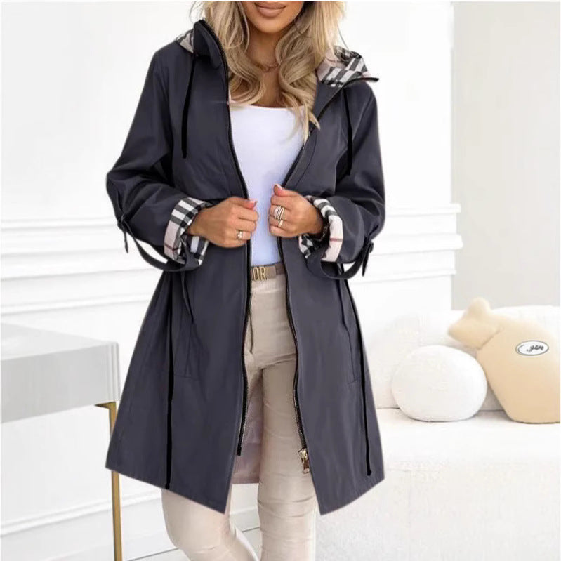 Dam figursydd regn parka med huva rutig lined inner krage och drawstring