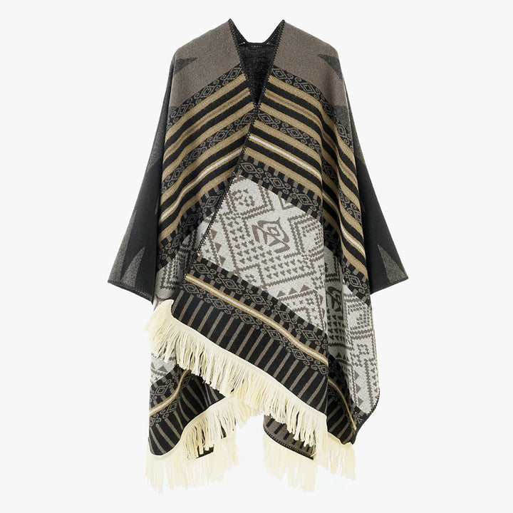 Dam Woven Jacquard poncho med V-Neck, Ethno tryck och Fringes