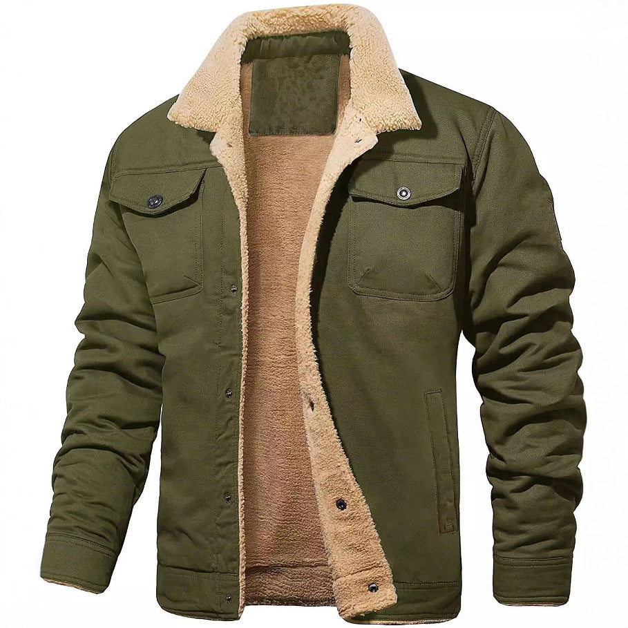 Herr Vadderad Sherpa Canvas Jacka med Knapp Slå och Bröstfickor