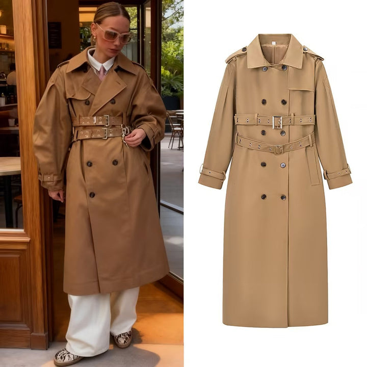 Dam Longer Skräddarsydd Trenchcoat med Dubbel Midjebälte och Epaulettes