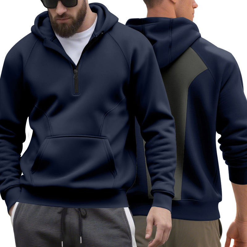 Herr Halv Dragkedja Luvtröja i Minimalistisk Softshell Look med Känguruficka och Raglanärmar