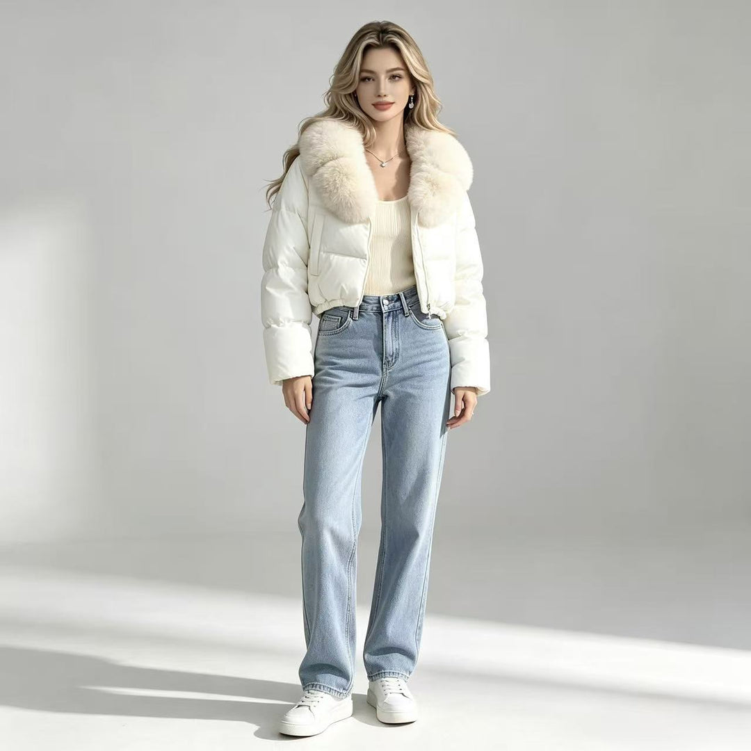 Dam kort kviltad kort pufferjacka med voluminous faux fur krage