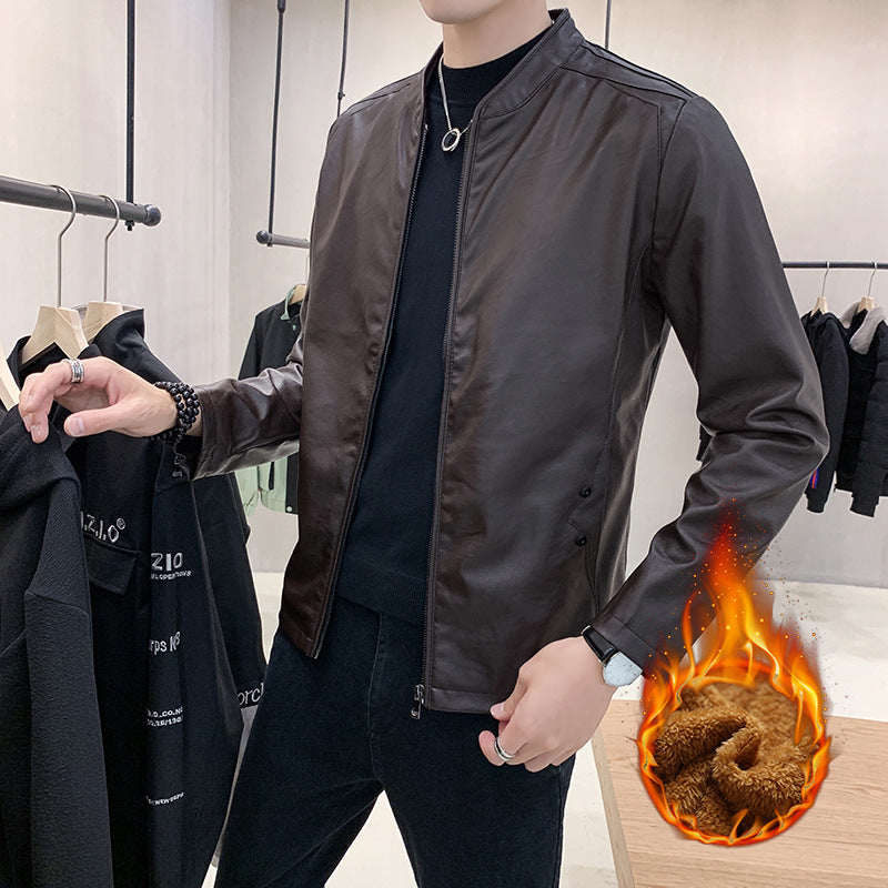 Herr Slim-Fit Konstläder Flight Jacka med Minimalistisk Ståkrage och Dold Zip Knapplist
