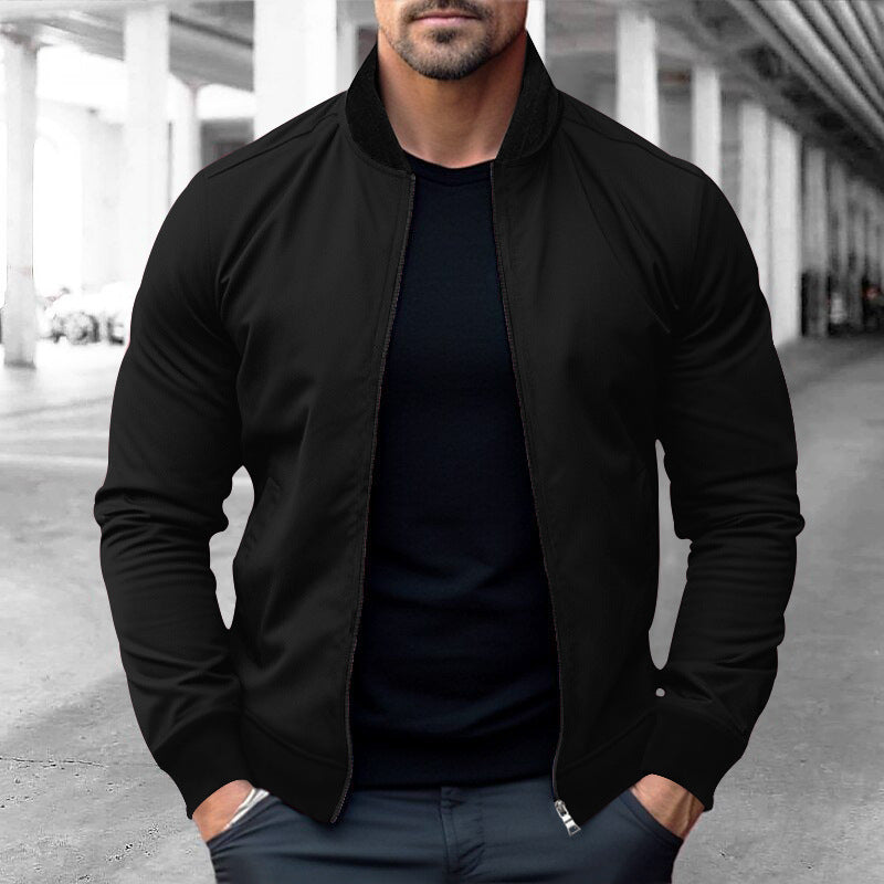 Herr Sportig-Elegant Sweat Jacka i Bomber Stil med Contrast Krage och Tvåvägsdragkedja