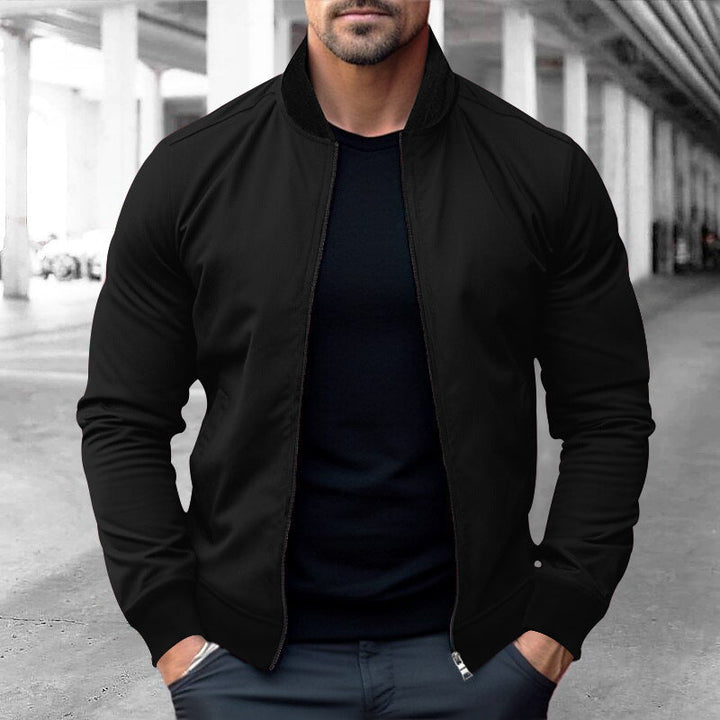 Herr Sportig-Elegant Sweat Jacka i Bomber Stil med Contrast Krage och Tvåvägsdragkedja