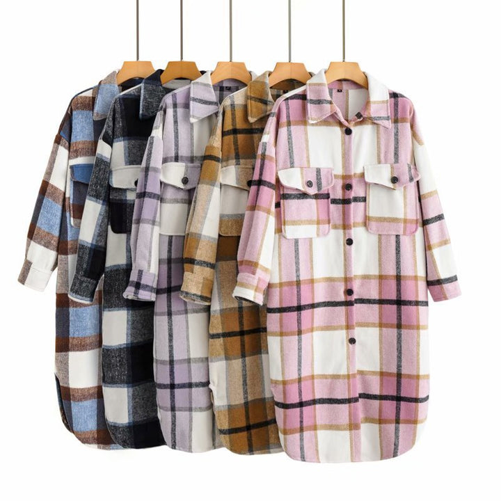 Dam oversize rutig lång modell Shirt med bröstfickor