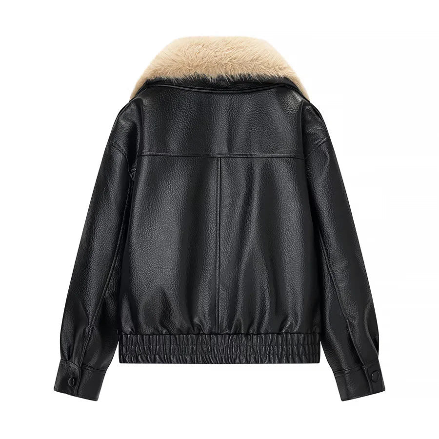 Dam kort-skärning syntetläder blouson med voluminous faux fur sjalkrage