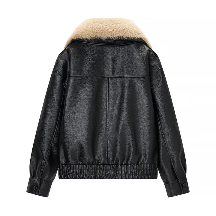 Dam kort-skärning syntetläder blouson med voluminous faux fur sjalkrage