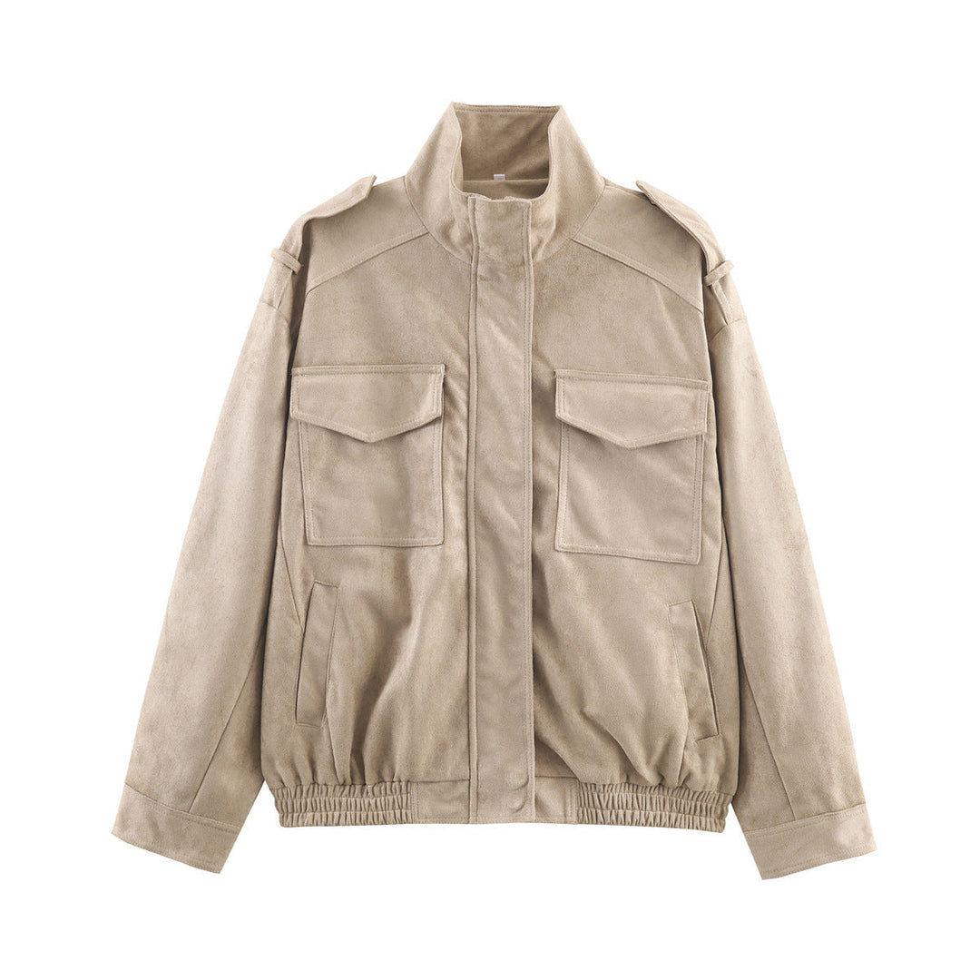 Dam Kort Jacka i Militär Stil med Epaulets, Lapp Bröst Fickor, och Elastic Fåll