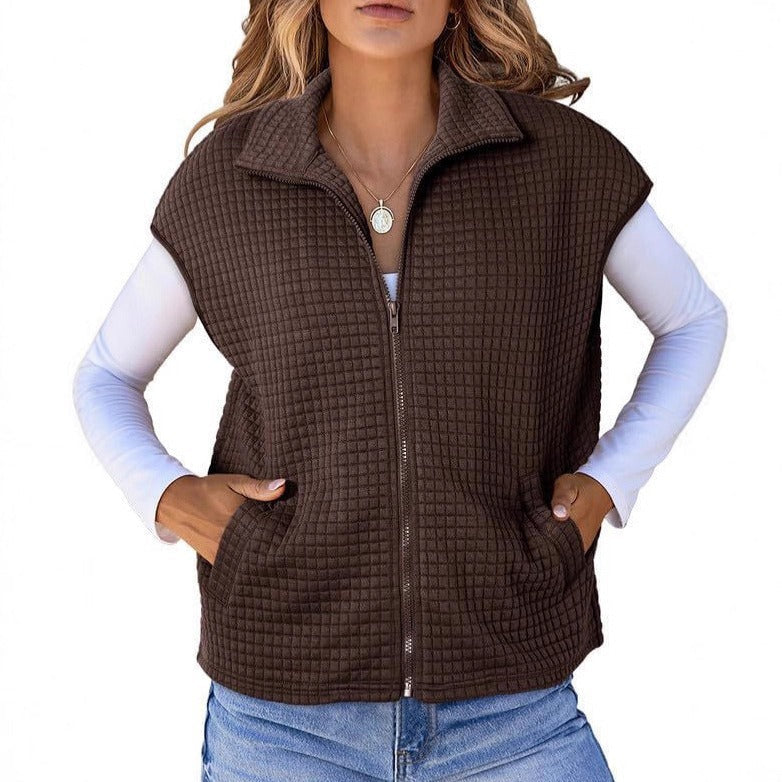 Dam Quiltad Väst med Strukturerad Waffle Look, Ståkrage och Hel-Length Dragkedja