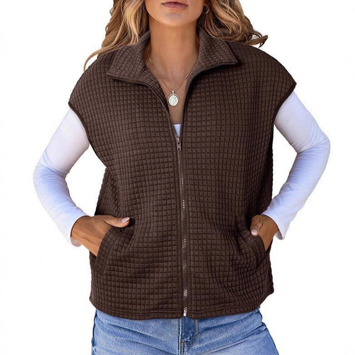 Dam Quiltad Väst med Strukturerad Waffle Look, Ståkrage och Hel-Length Dragkedja