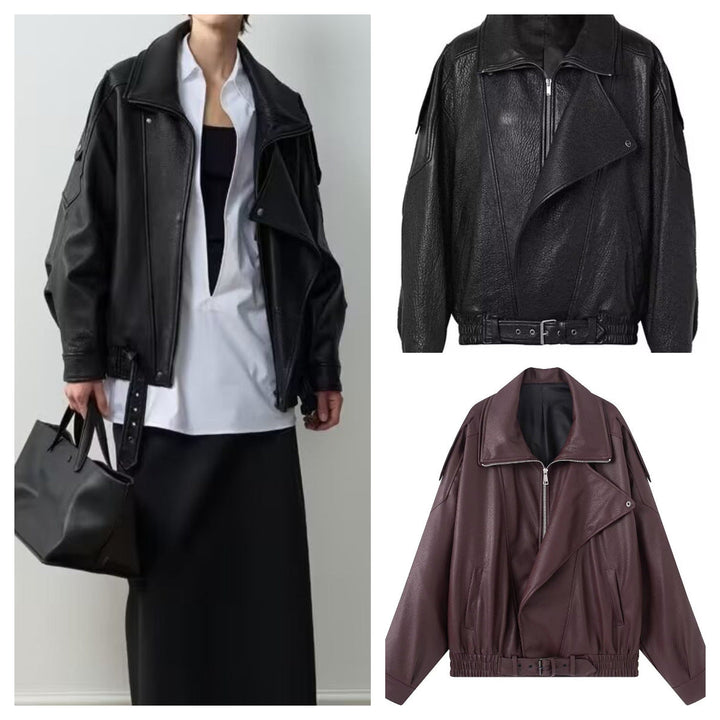 Dam Oversized Konstläder Biker Jacka med Asymmetrical Dragkedja, Bälte och Elastic Midja