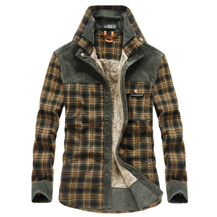 Herr Checkered Skjortjacka med Teddyfoder, Manchester Axel Yoke och Multifunctional Fickor