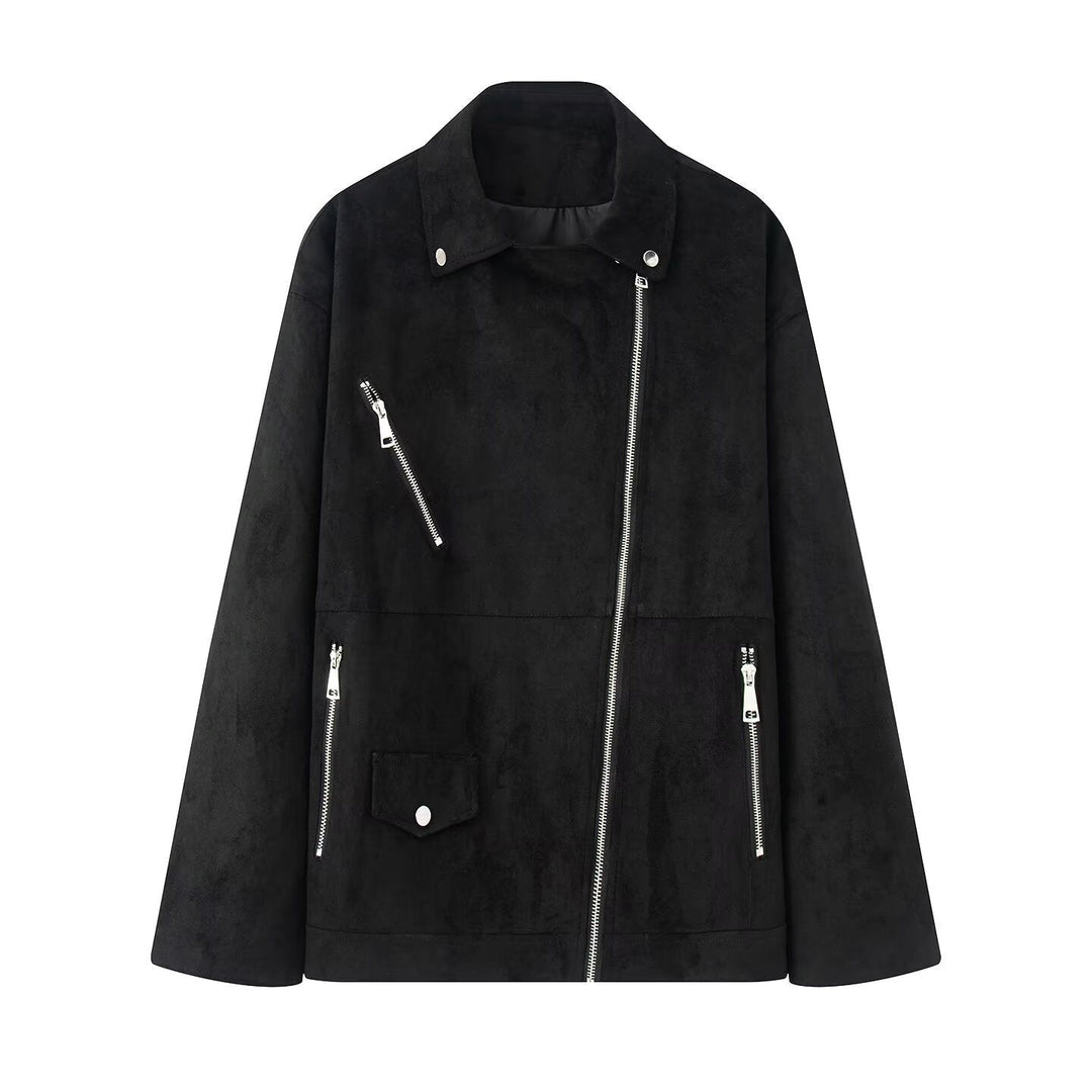 Dam lång oversized bikerjacka i velour look med diagonal dragkedja och multiple fickor