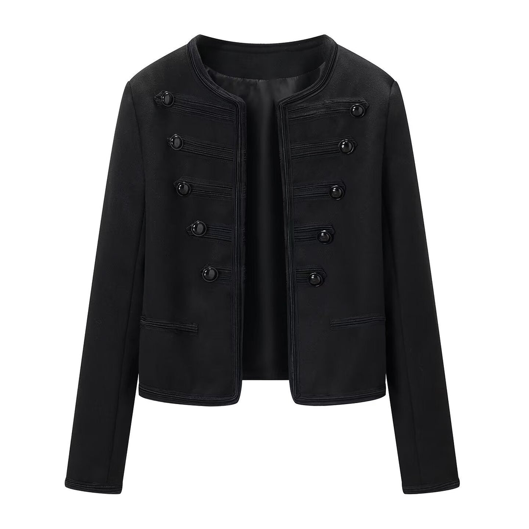 Dam Box Jacka i Marshall Stil med A Collarless Design, Dekorativ Cords, och Dekorativ Knappar