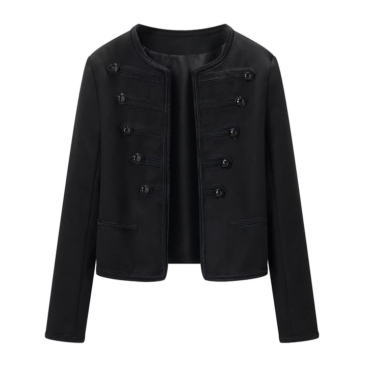 Dam Box Jacka i Marshall Stil med A Collarless Design, Dekorativ Cords, och Dekorativ Knappar
