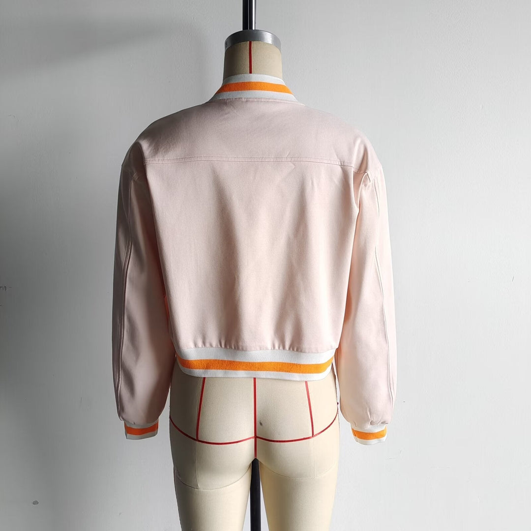 Dam cropped blousonjacka med snap knäppning, randig ribbstickade muddar och patch bröstfickor