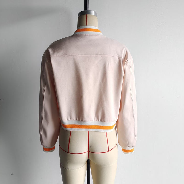 Dam cropped blousonjacka med snap knäppning, randig ribbstickade muddar och patch bröstfickor