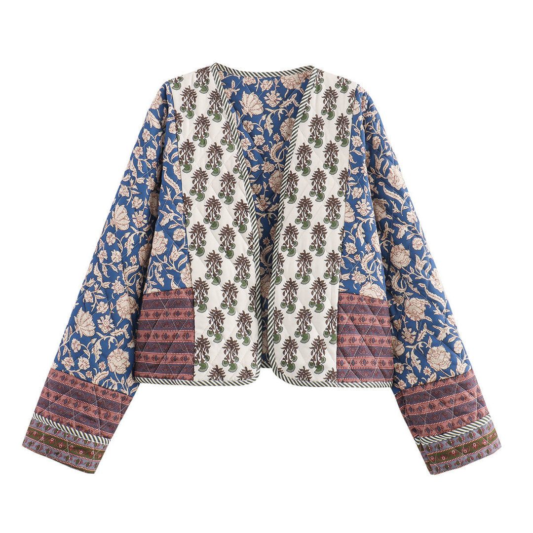 Dam quiltad patchwork kimono jacka med öppen front och påsydda fickor