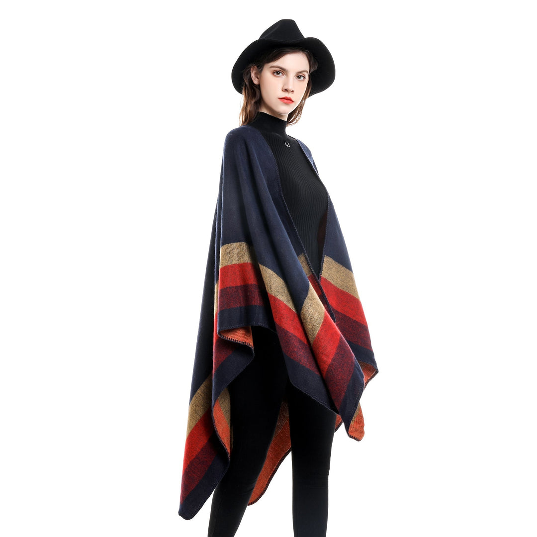 Dam ull-look poncho med asymmetrical block stripes och decorative stitch edge