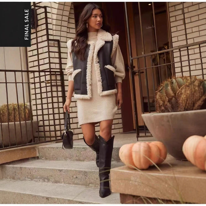 Dam ärmlös Lambskin look väst med Notched krage och utanpåfickor