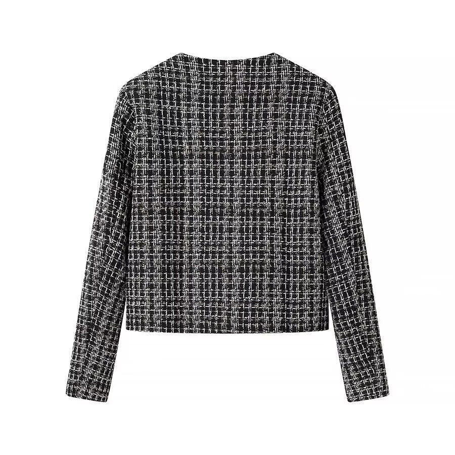 Dam kort Boucle tweed jacka med Round Neck, dekorativ dekorativ knappar och utanpåfickor