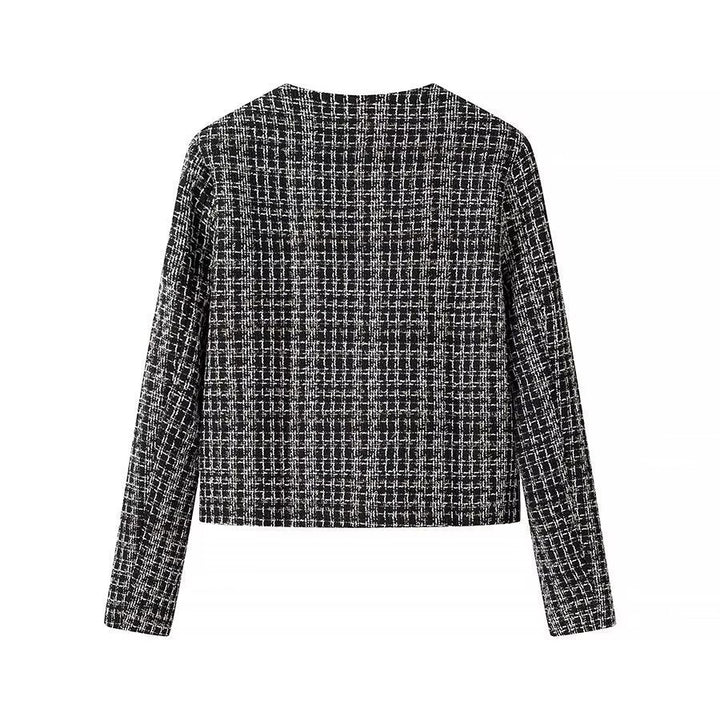 Dam kort Boucle tweed jacka med Round Neck, dekorativ dekorativ knappar och utanpåfickor