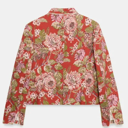 Dam Kort Jacquard Blouson med Mandarin Krage och Blommig Brocade Structure