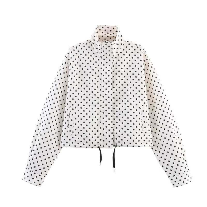 Dam kort kviltad jacka med Polka Dot tryck, Stand krage och dragsko