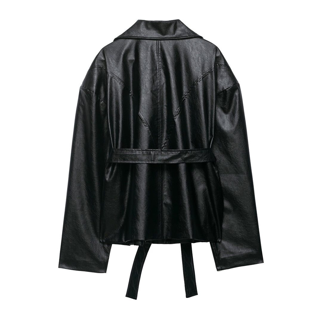 Dam Kort Jacka i Konstläder med Waist Belt, Dragkedja och Distinctive Krage