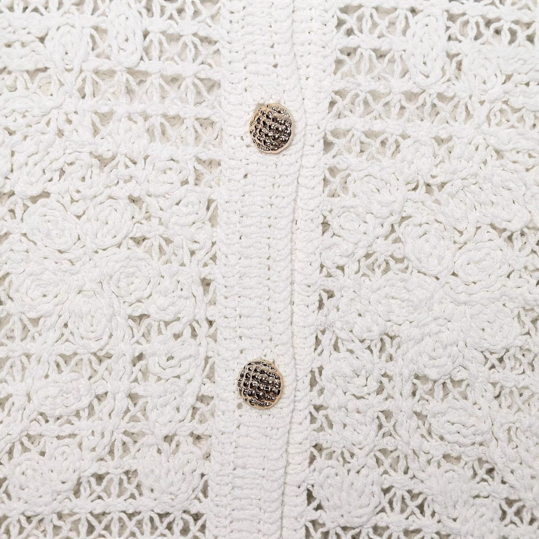 Dam Crocheted Kort Jacka i Boucle Look med Decorative Knappar och Utanpåfickor