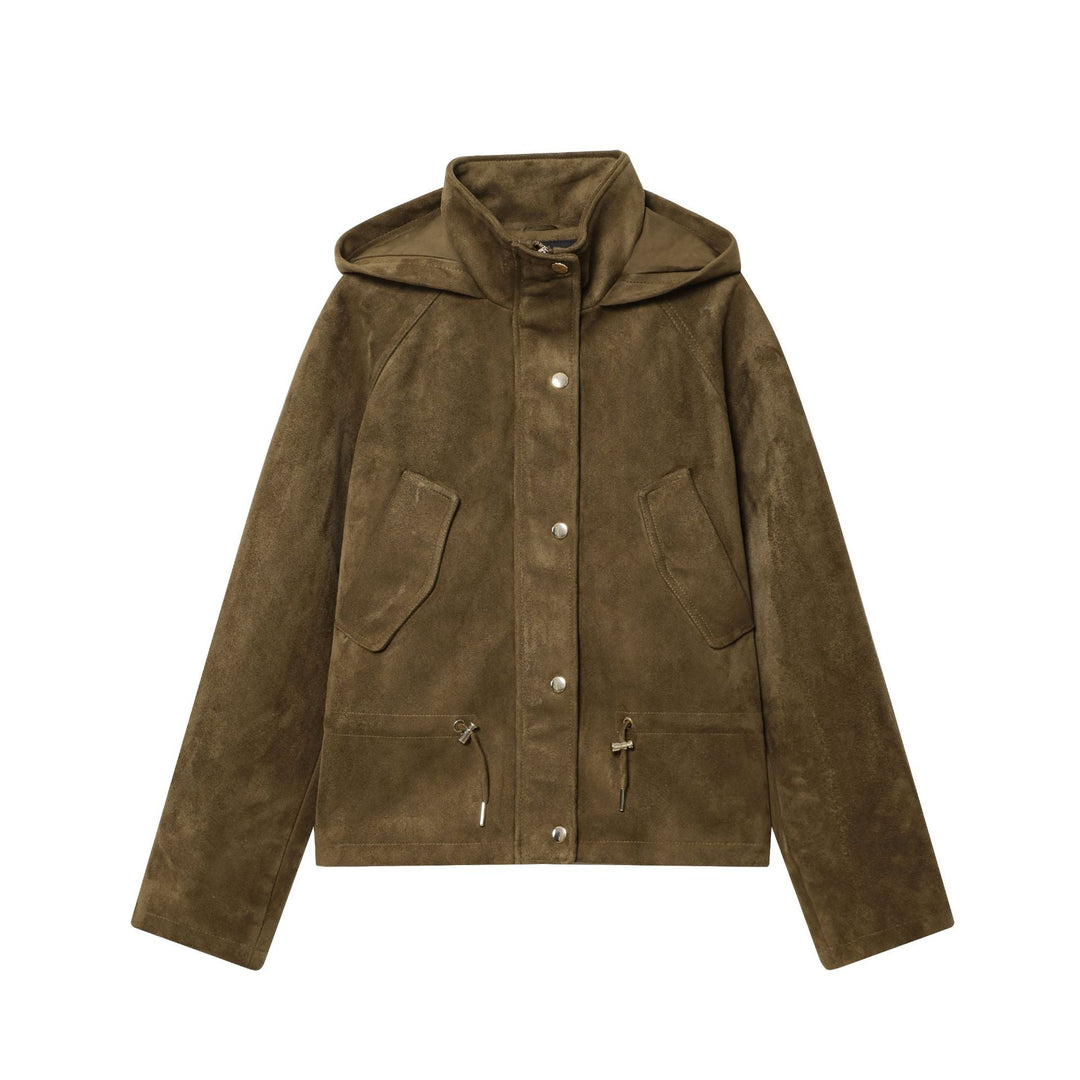 Dam kort mocka imitation parka med huva, hög krage och drawstring waist