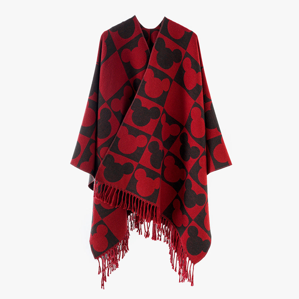 Dam Oversize Jacquard poncho med Graphic Head silhuett mönster och Fringes