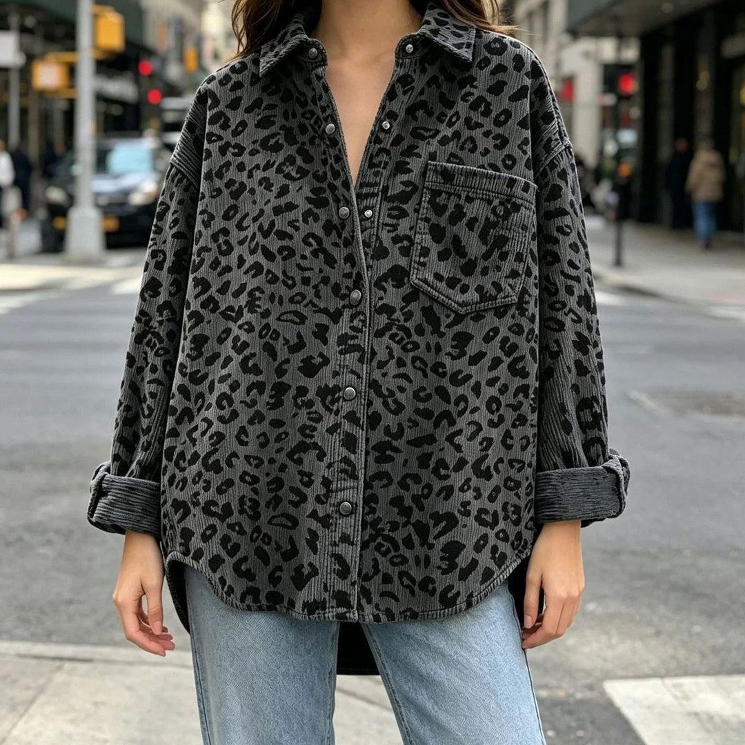 Dam Oversized Cord Skjorta Jacka med Leopardmönster och Tryckknapp Knappar