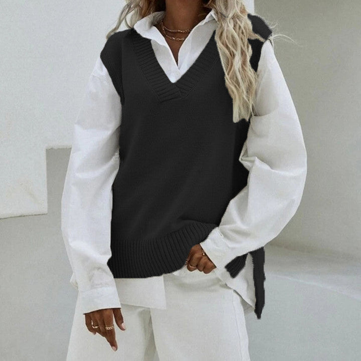 Dam Sleeveless stickad väst med V-Neck och Side Slits