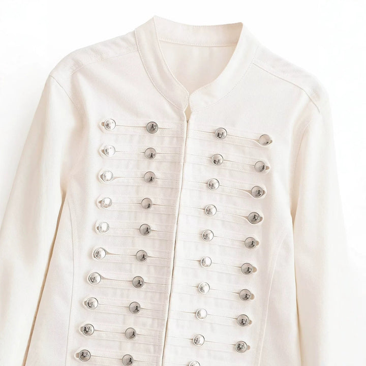 Dam Kort Jacka i A Military-Inspired Marching Uniform Look med Dekorativ Chain Knappar