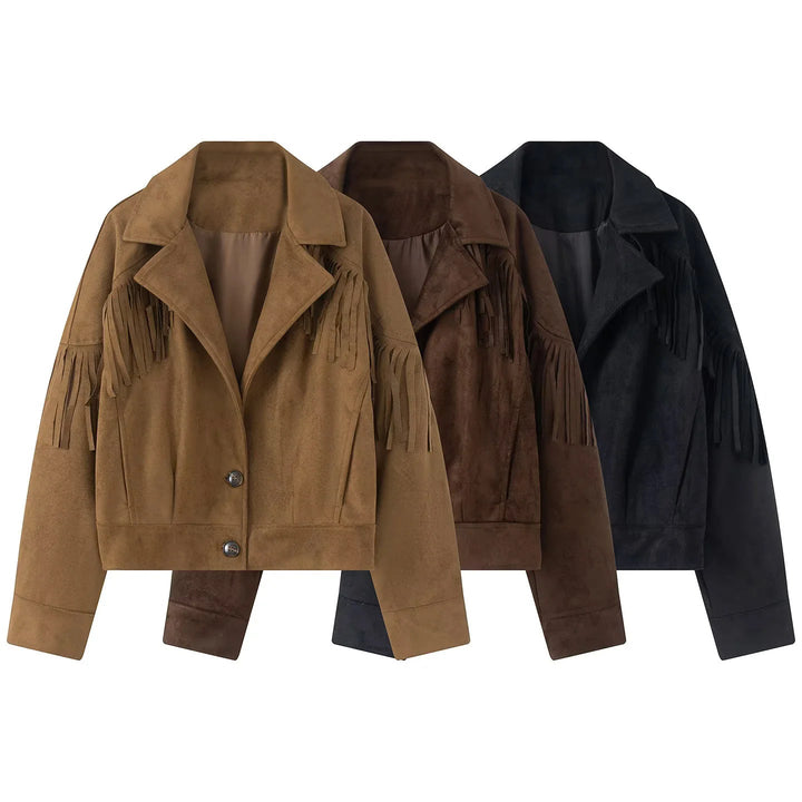 Dam kort mockalook fringe jacka med lapel krage och concealed knäppning
