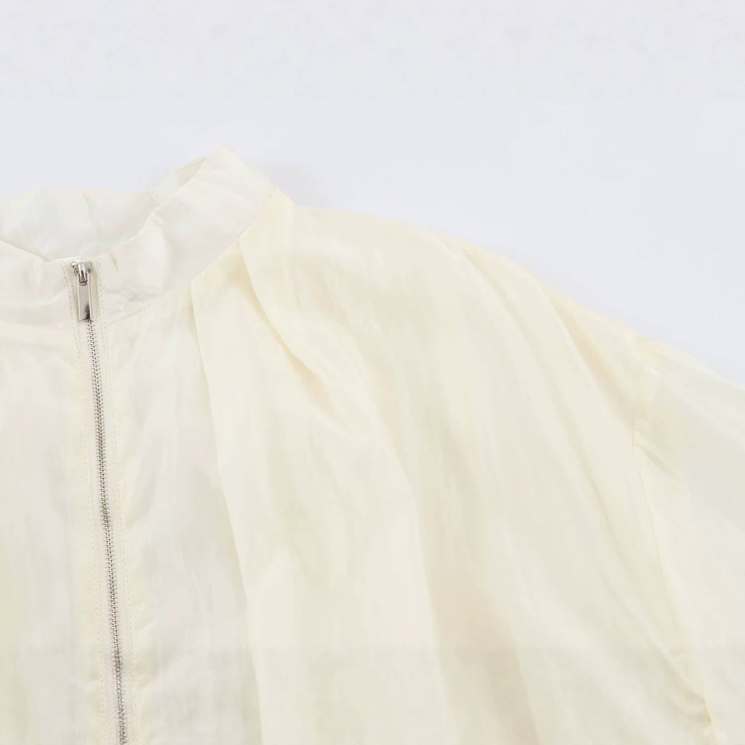 Dam Lätt Semi-Transparent Blouson Jacka med Balloon Ärmar och Metal Dragkedja