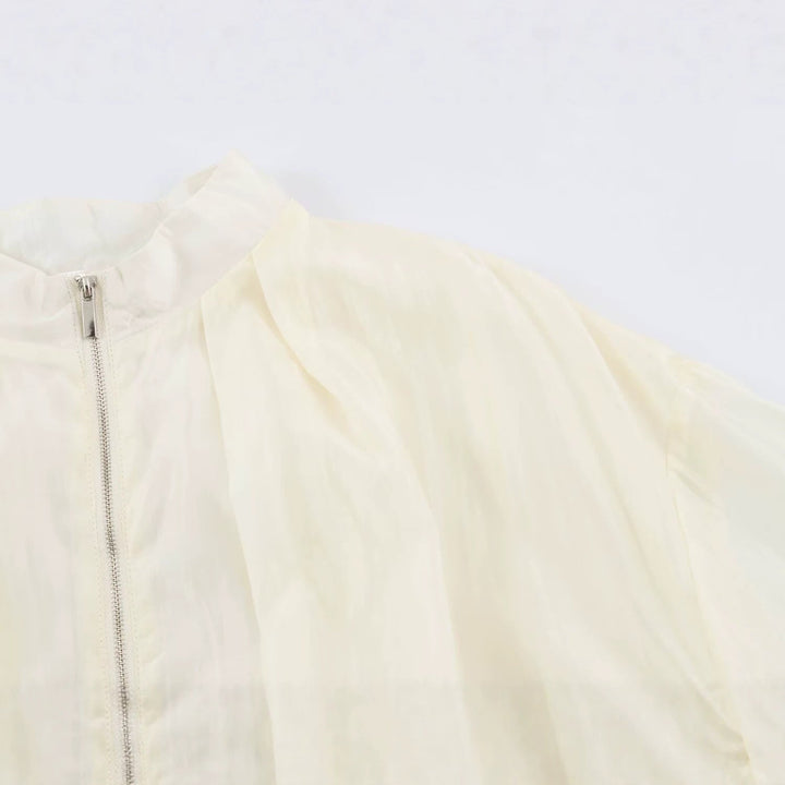 Dam Lätt Semi-Transparent Blouson Jacka med Balloon Ärmar och Metal Dragkedja