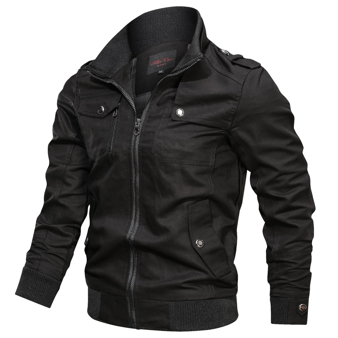 Herr Canvas Fältjacka i Bomber Stil med Ribbad Fåll, Stående Krage och Utility Fickor