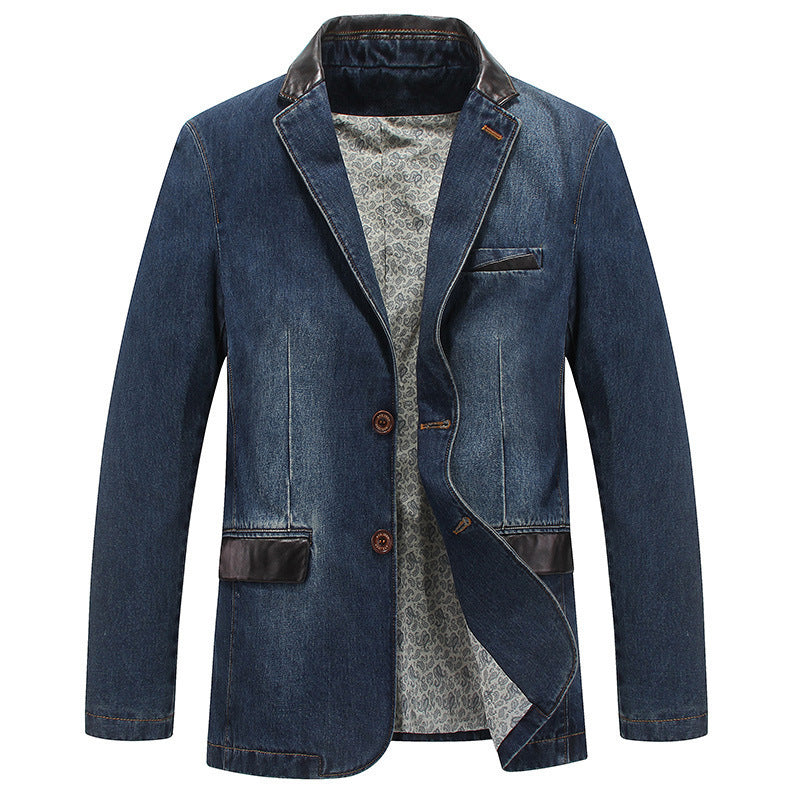 Herr Elegant Denim Kavaj Stil Jacka med Konstläder Trim och Paisley Foder