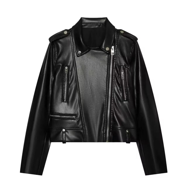 Dam Kort Skärning Bikerjacka Tillverkad av Faux Läder med Asymmetrisk Dragkedja och Shoulder Epaulettes
