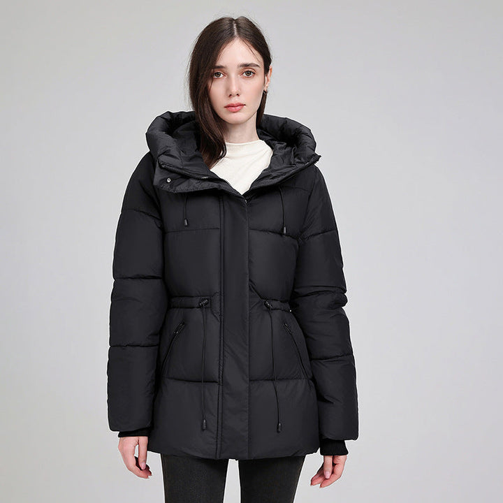 Dam vadderad hooded parka med adjustable drawstring, concealed dragkedja och ribbstickade muddar